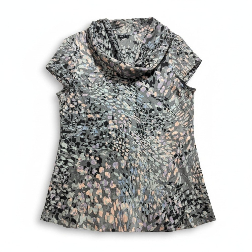 Chaus L Womens Gray Abstract Cowl Neck Short Sleeve Blouse Casual Boho Work Top